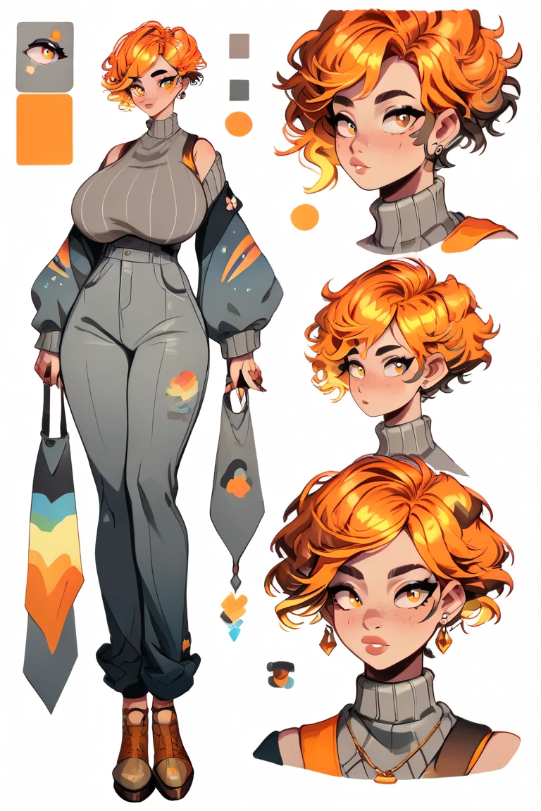 score_9, score_8_up, score_7_up, score_6_up, score_5_up, score_4_up, 1girl, orange hair, pixie haircut, bangs, sexy huge breasts, big neckline, stand front, big hipps, Gradient hair, orange aura, delicate brown shoes, gray sweater, elegant brown trousers, plum, Creative design, full body, Reference sheet, Character sheet