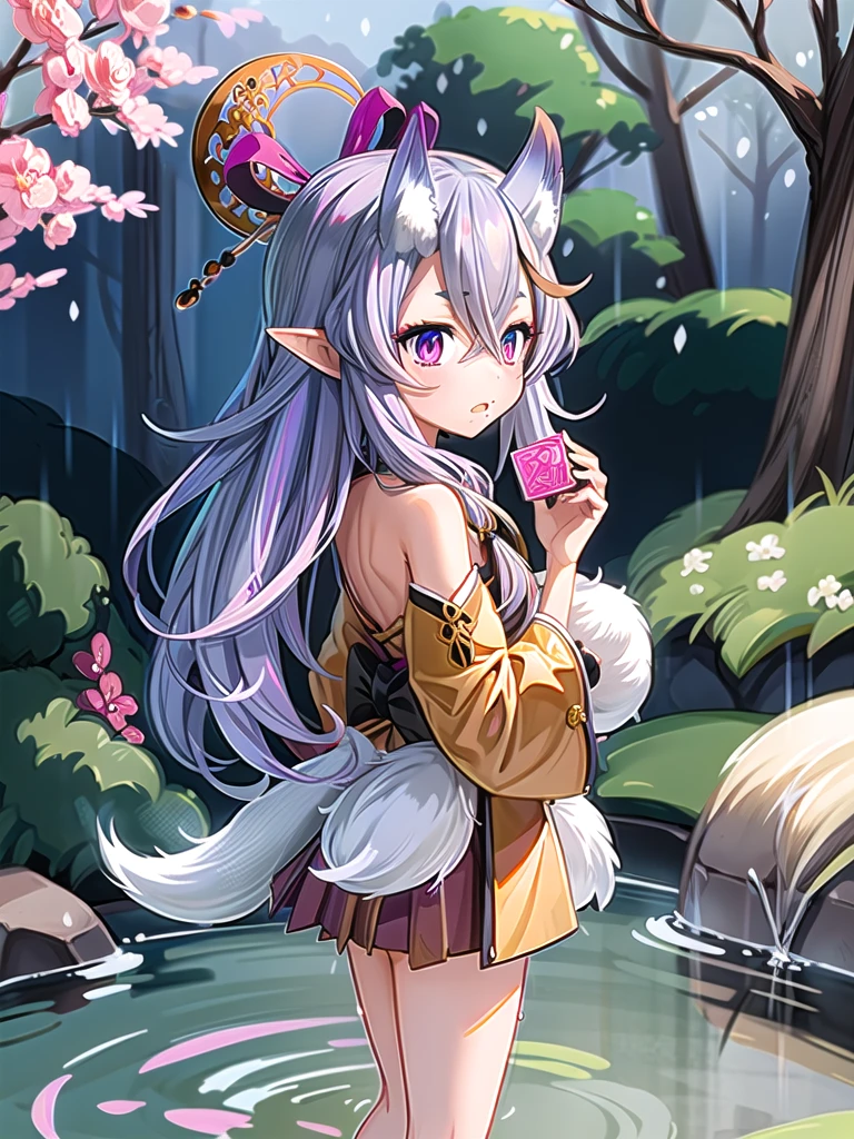 Nine snow-white foxtails  (1.0), Milk Foxtail (1.0), Nine-Tailed Fox狐特写, Nine-Tailed Fox, Nine-Tailed Fox, Pink hair and pink dress，Anime girl with flowers on her head, very Beautiful anime fox girl, Beautiful anime fox girl, beautiful fantasy anime , Gu Weiss, Anime girl with fox ears, Beautiful anime girl,  very beautiful cute little fox ,  pink flower rain ,  background blur, Anime style 4K,  Anime Fantasy Art , 4k anime wallpaper, Guvez-style artwork