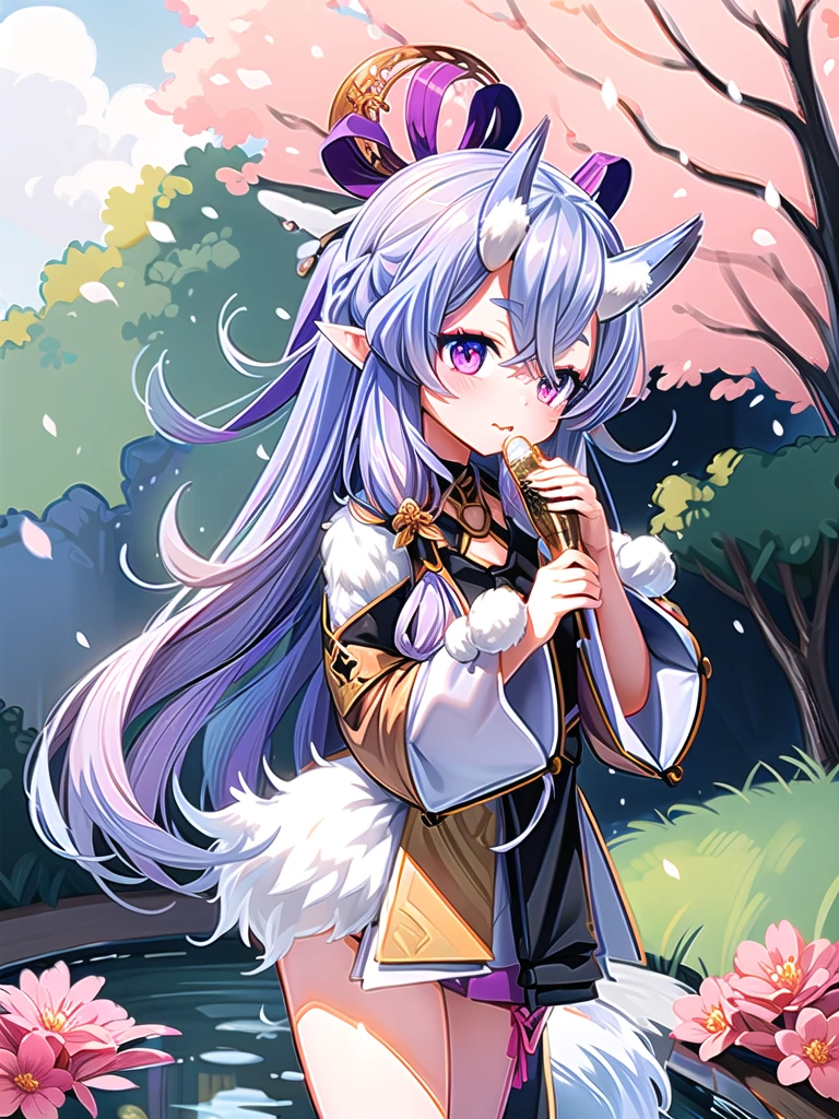 Nine snow-white foxtails  (1.0), Milk Foxtail (1.0), Nine-Tailed Fox狐特写, Nine-Tailed Fox, Nine-Tailed Fox, Pink hair and pink dress，Anime girl with flowers on her head, very Beautiful anime fox girl, Beautiful anime fox girl, beautiful fantasy anime , Gu Weiss, Anime girl with fox ears, Beautiful anime girl,  very beautiful cute little fox ,  pink flower rain ,  background blur, Anime style 4K,  Anime Fantasy Art , 4k anime wallpaper, Guvez-style artwork