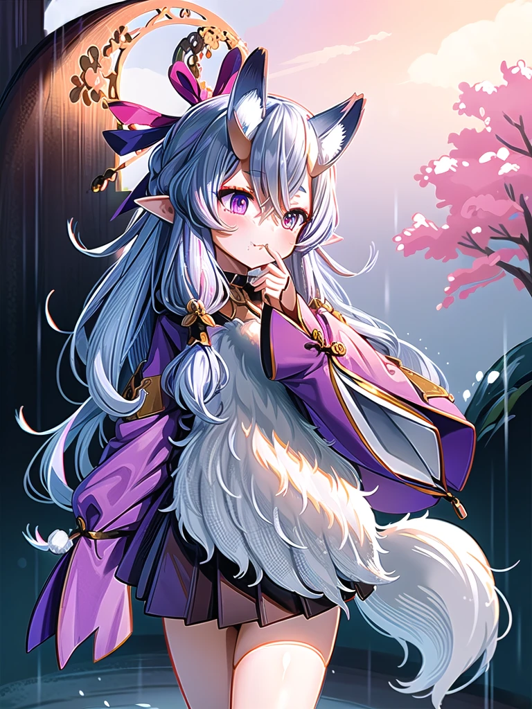 Nine snow-white foxtails  (1.0), Milk Foxtail (1.0), Nine-Tailed Fox狐特写, Nine-Tailed Fox, Nine-Tailed Fox, Pink hair and pink dress，Anime girl with flowers on her head, very Beautiful anime fox girl, Beautiful anime fox girl, beautiful fantasy anime , Gu Weiss, Anime girl with fox ears, Beautiful anime girl,  very beautiful cute little fox ,  pink flower rain ,  background blur, Anime style 4K,  Anime Fantasy Art , 4k anime wallpaper, Guvez-style artwork