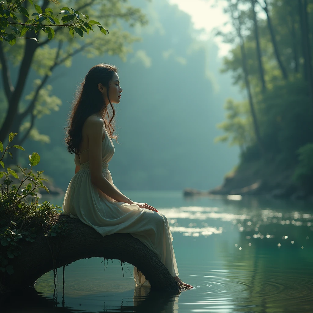 (Photo Realistic:1.35), Highest quality, Realistic, Award-winning photography, (Intricate details), (Subtle details), (Intricate details), (Cinematic Light), Sharp focus, 

(1girl),
(((A fallen tree in the shape of a soaring dragon))), 
((A mysterious and wide lake, a woman sitting on a fallen tree jutting out into the lake)),

detailed face, perfect face, beautiful face,

cinematic lighting, natural light, 
shine, glint, 

(Depth of Field), 

