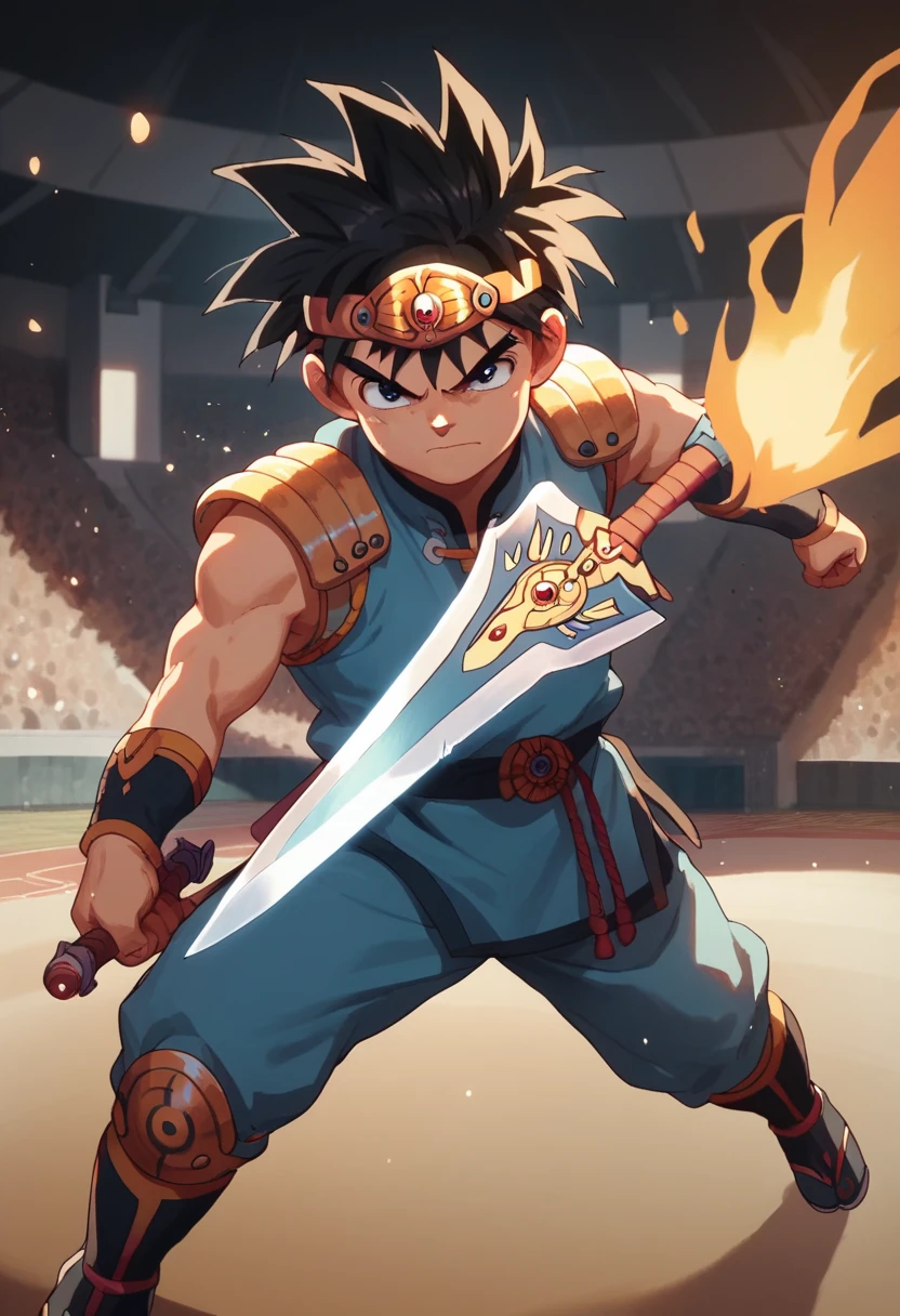 dai a boy with black hair, golden headband, he cut a moster with a sword with fire, in a coliseum.