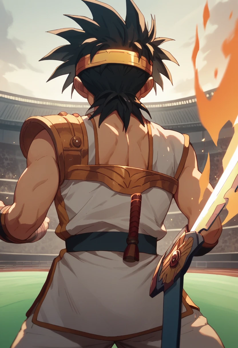 dai a boy with black hair, golden headband, he cut a moster with a sword with fire, in a coliseum.