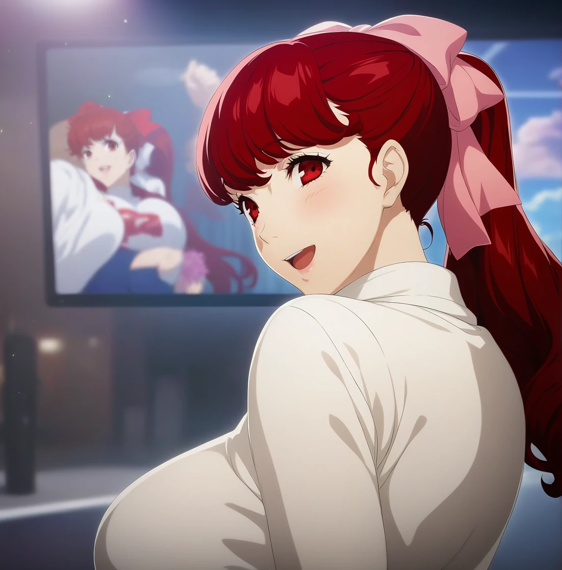 Dakasumi, Red Hair, Long Hair,  ponytail, red eyes,  hair bow, cheerleader pleated skirt,  1 girl, ,  depth of field,  Movie-like , Game CG,  Animated Screen Capture ,  Official Art, masterpiece,  best quality　smile　Big Breasts　Busty　超Big Breasts　　　heart　pink　Venus flytrap　Breast shaking　 breast milk　Boing Boing　
