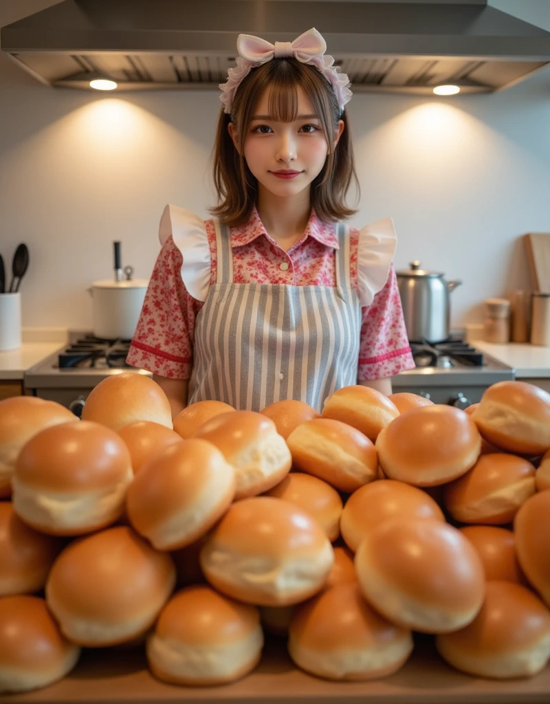 ultra-realistic, photorealistic, dramatic scene, shadow, global-illumination, solo, (20 years old Japanese famous idol girl:1.5), very beautiful fragile Japanese girl, very beautiful with very cute face, (modern maid, detailed face skin texture, cowboy shot:1.2), (wearing a cute colored maid outfits with frills:1.2), (apron with vertical light gray stripes:1.2), TV cooking show at stylish bright home kitchen with two bare bulb lights, bright soft light, She stands in front of the cutting board, the gas stove and some kind of cooking tools are behind her, A large number of hamburger buns are stacked three high on a cooking table in front of her, Huge quantities of hamburger buns overflow from not only the cutting board but the kitchen table, happy smile