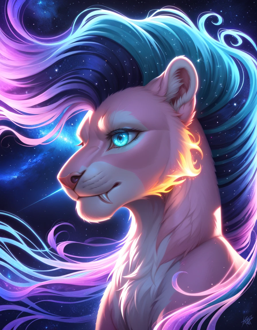 beautiful male lion, majestic posture, purple fur, cosmic patterns, starry mane, glowing highlights, celestial theme, vibrant galaxy, ethereal glow, cosmic dust, majestic atmosphere, sharp claws, detailed fur, shining eyes, piercing gaze, cosmic swirls, glowing mane, soft lighting, vivid colors, intricate detail, galaxy-inspired patterns, surreal background, dreamlike environment, starlit sky, cosmic scenery, flowing mane, galactic aura, soft gradients, majestic appearance, regal expression, nebula-inspired accents, shimmering textures, luminous elements, otherworldly beauty, cosmic fantasy, vibrant hues, soft focus, twilight ambience, soft shadows, bold contrasts, artistic rendering, photorealistic textures.