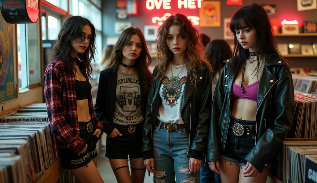 3girls, metal band, consisting of a blonde blue eyes slavic girl playing a guitar, a black hair girl as a singer, a blonde american girl playing a guitar, High quality, realism, extreme detail, (sfw 3 characters:1.3), stage, crowd, dark jeans, rivets, pants, belts, chains, good intruments, detailed instruments, zoomed out, lights, crowd in background, looking at the camera