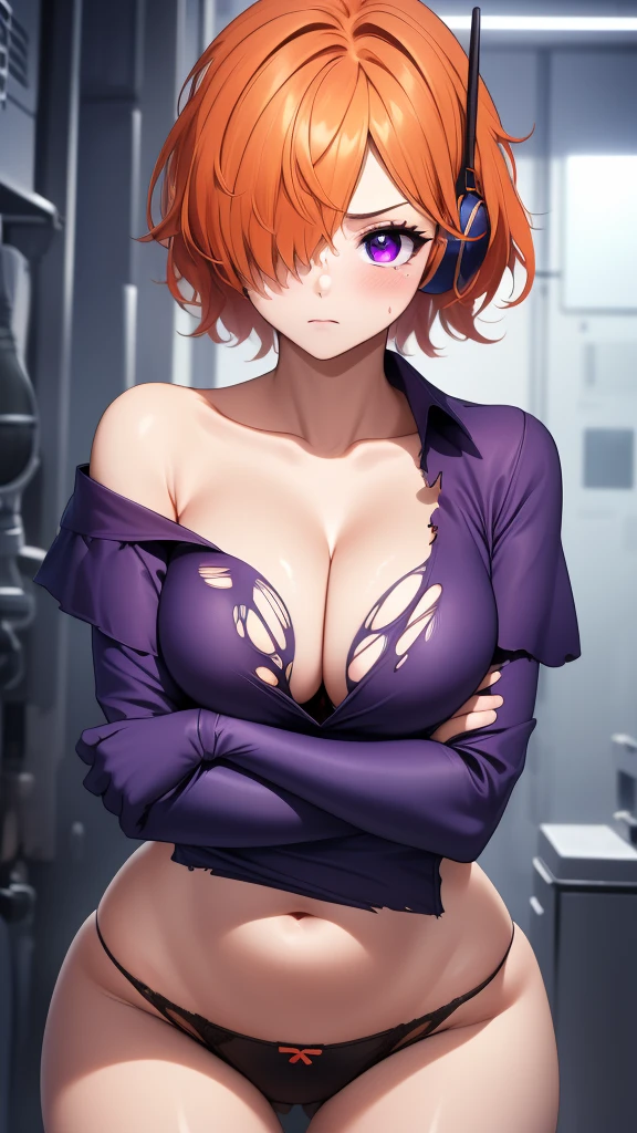 perfect anatomy, super detailed skin, (vegapunk_lilith, Lilith, headphones, Bangs covering one eye, bright orange hair, purple eyes:1.2), masterpiece、 best quality、masterpiece,  high definition , 8K quality,  perfect face, 1 girl, beautiful face, beautiful detailed eyes, Alone,  cute face、blush, (frown), red cheek, Wide hips、 Tight waist 、(Torn clothes,  Off Shoulder ,  cleavage, panties:1.5), (bodysuit:1.2), crossed arms,  cameltoe, sexy pose, cowboy shot, dynamic angle, At a futuristic science factory, 