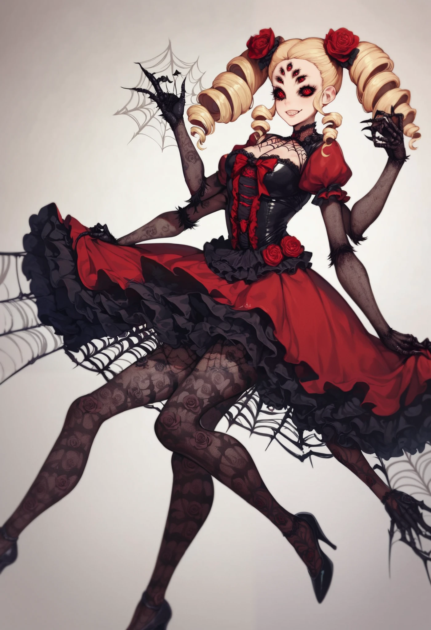 Spider girl. Lady. Twin drill hair. Blonde hair. Red eyes. Horror eyes. Black and red dress. Frills. Dark fantasy. Multiple arms. Sharp claws. Bio-armor chest. Spider web dress. Insect legs. Spider-themed hair accessory. Spider web patterned tights. Lace gloves. Spider eyes on forehead. Scornful expression. Rose flower.