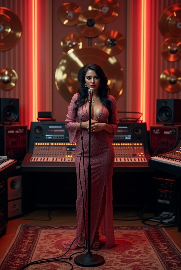 a young African influencer aged 40 with straight long black hair a radiant caramel complexion in a sexy ralph lauren dress highlighting her slightly slender African curves and with the face of an angel, in dj studio with pioneer cd js and speakers , wearing ralph lauren , winter clothing