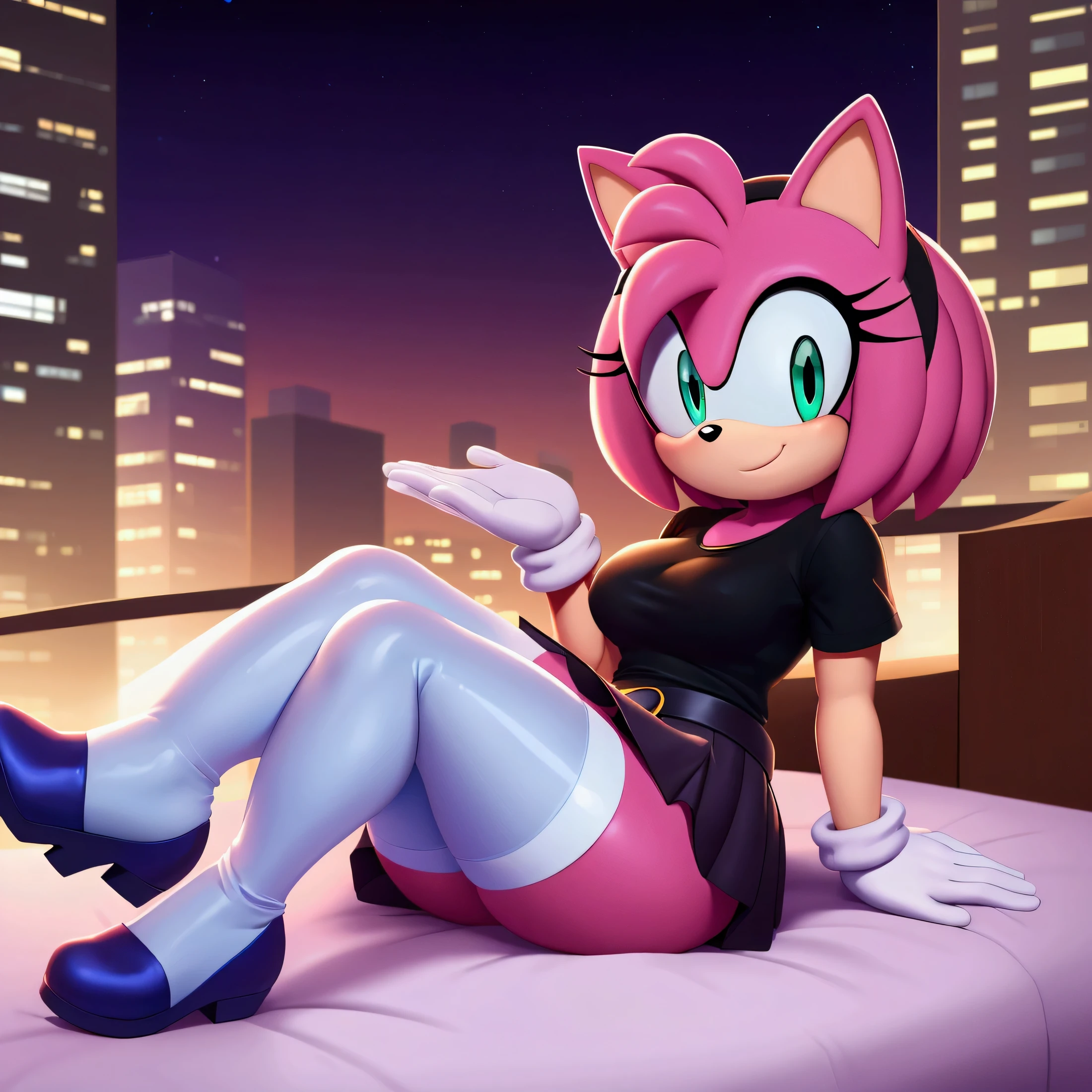 Amy rose, ,sitting on her knees facing forward ,in bed,in the background the city at night ,,lights on the ceiling,flirtatious look, white gloves,Smiling,large thighs,white skirt ,sky blue stockings with black straps,green eyes,white shoes , black t-shirt, mucama negra con blanco 