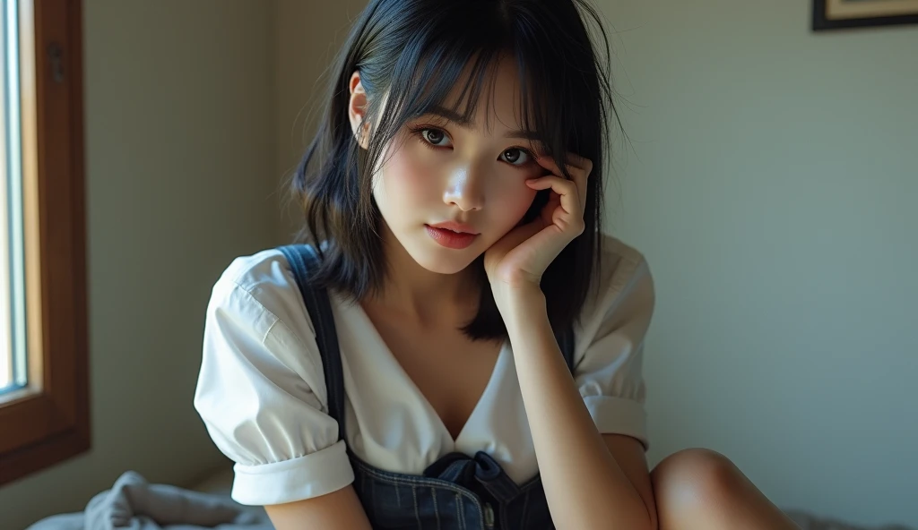 highest quality、Ultra-high resolution、(Realistic)、18-year-old girl、((((Blouse open))))、((((I can see your nipples)))),Hyper Detail、Super Realistic、(Photorealistic)、More about beautiful skin、(masterpiece:1.0)、(highest quality)、(Ultra-high resolution)、8K resolution、Canon EOS R5、135mm、Absurd、Very detailed、Sharp focus、Fine skin、(((Chirarizum、Small breasts)))