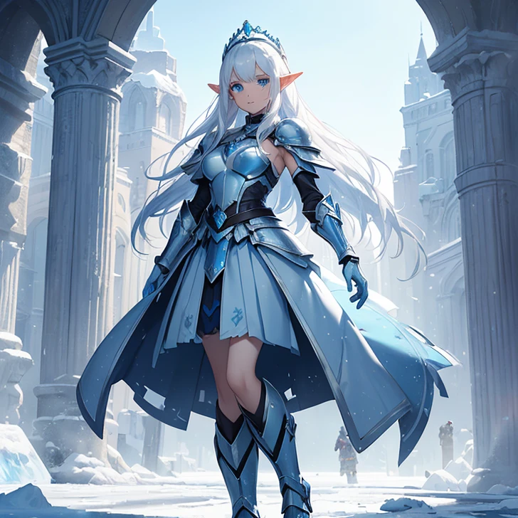Masterpiece, HD, high resolution, high quality, best quality, super detailed. Solo character alone. Fantasy art.
{{A 25-years-old half-elf princess ice girl),(appearance: pale skin. pure-white medium-straight-hair. Beautiful blue-eyes with white-pupils. short pointy ears. light blue lips. white eyebrows. gentle smile. She stands 1,73-meters-tall. Brave and helpful personality. strong brave pose.),(she wears: ice-warrior-armor: ice-heavy-helmet-armor. blue-armored-tiara-headband. pale-blue ice-cuirass-armor. Light-blue ice-shoulders-armors. Ice-arms-armors. Blue-gloves. ice-elbows-armors. Ice-belly-armor. Blue-skirt. Ice-belt. Ice-legs-armors. Ice-knees-armors. Ice-armored-boots. Ice-armored-shoes.),(scenery: ice magical city. Sunny sky. snowy plaza.))}}