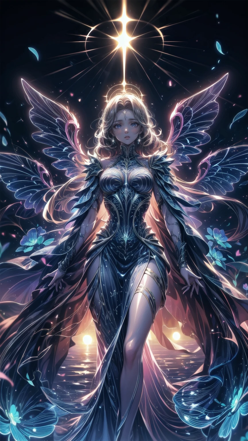 an epic fantasy art portrait of aasimar, woman, paladin ready for battle under the full moon, Holy Knight,Grab a weapon , shining angel halo , spread wings {x} dynamic hairstyle {x} spread out your wings and put on big wings , Majestic Wings, white Angelic Wings spread (masterpiece, intense details : 1.5), moon light, moon, star, cloud, Sacred symbols , wield God's sword , wearing sacred armor , Dynamic Hair Color , dynamic hairstyle , dynamic skin tone , Dark fantasy (Forest Background: 1.3), Anatomically Accurate (masterpiece 1.3, intense details ), Angel_Wings, expression of determination, god rays, movie lighting, Shining, silhouette, externally, photorealism , Panoramic View (masterpiece 1.3, intense details ) , Wide angle, look at your knees and ankles , 16k, there is nothing, best quality, high detail , 16k, Super detailed, masterpiece, best quality, ( very detailed ), Arafed, dnd Art, portrait, whole body, hyp3rd3tail style , ral-ertmsphr