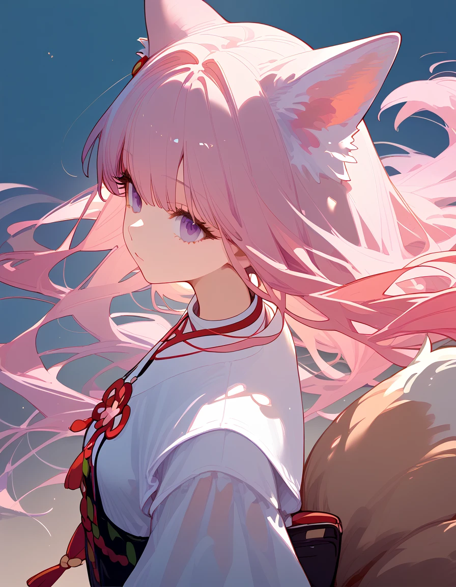 Beautiful anime girl, long pink hair, purple eyes, fox ears, fox tail, beautiful, ethereal, light skin, ultra detailed.