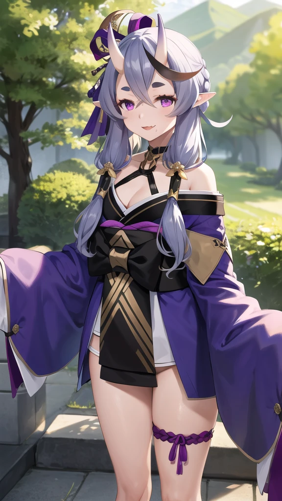 masterpiece, best quality, highres, aamikoto, low twintails, crescent hair ornament, bow, purple ribbon, short eyebrows, fang, off shoulder, purple kimono, short kimono, cleavage, sleeves past wrists, obi, sash, thigh strap, cowboy shot, standing, outdoors, smile, arms at sides, straight-on,