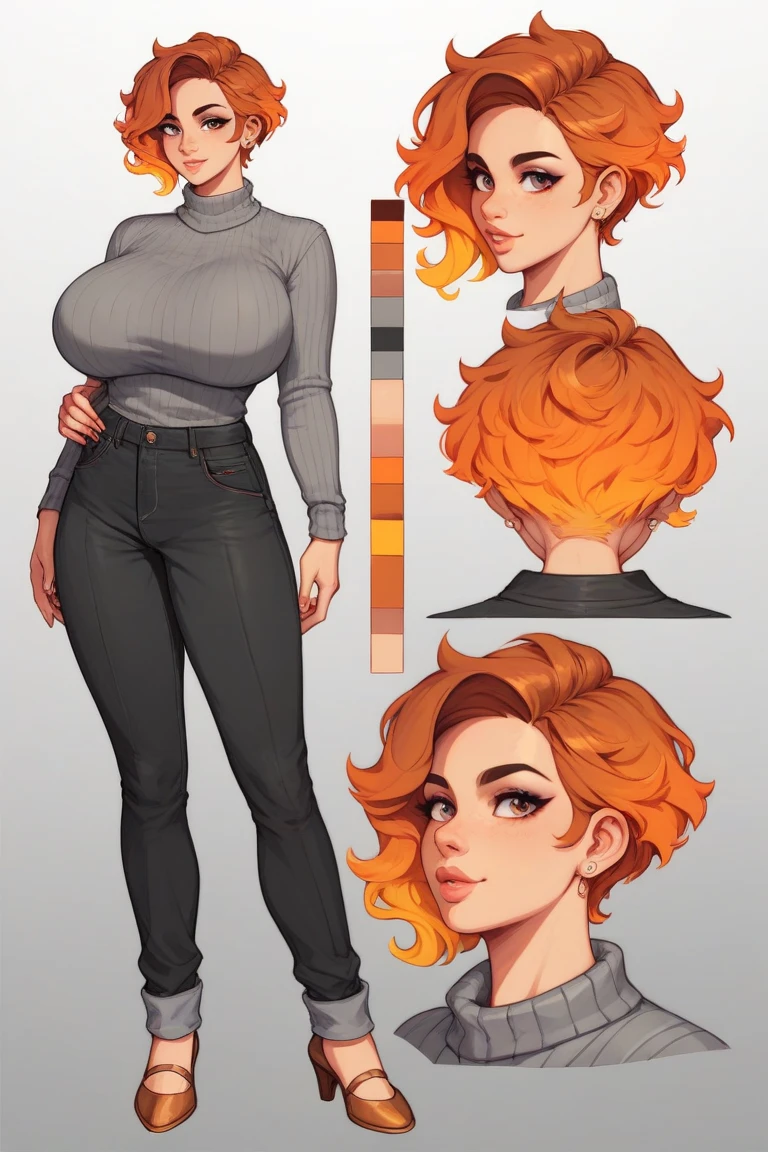 score_9, score_8_up, score_7_up, score_6_up, score_5_up, score_4_up, 1girl, orange hair, pixie haircut, bangs, sexy huge breasts, big neckline, stand front, big hipps, Gradient hair, orange aura, delicate brown shoes, gray sweater, elegant brown trousers, plum, Creative design,elegant bearing, full body, Reference sheet, Character sheet