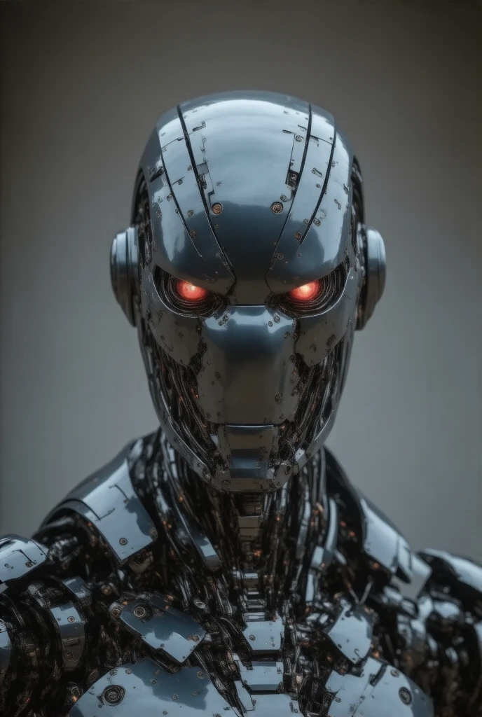 Create a CLOSEUP, ultra-high-resolution image of a cybernetic face with extremely precise details.  The face is intended to be a fusion of human and mechanical elements, with gray skin that appears to be a mixture of organic and metallic material.  The eyes should be bright red, emanating an intense light.  The head must be adorned with armor or helmet that extends backwards, with pointed and geometric details.  The facial expression must be stern and threatening.  The lighting should be dramatic, with red lights highlighting the contours and details of the face.  Use a high quality camera to capture every detail with clarity and depth. The image is taken with a Canon EOS R5 80mm, HDR, UHD, masterpiece, intricate details, lighting on the face enough to minimally detail the features.