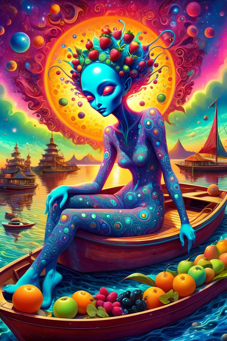  Picture of a Cartoon Alien Sitting on a Boat with Fruit,  Psychedelic Surreal Art , its a deep dream , Trippy Art,  psychetrance artwork ,  Beeple and Jeremiah Kettner ,   Pop Surrealism Robe Art Style ,  by Android Jones Inspired by the painting of a woman with a large head and watch , Chris Dyer, Pop Surrealism Art Style , deep dream , DMT Trip ,  Psychedelic Trippy Visionary Art ,  Surrealism and Fantasy Art