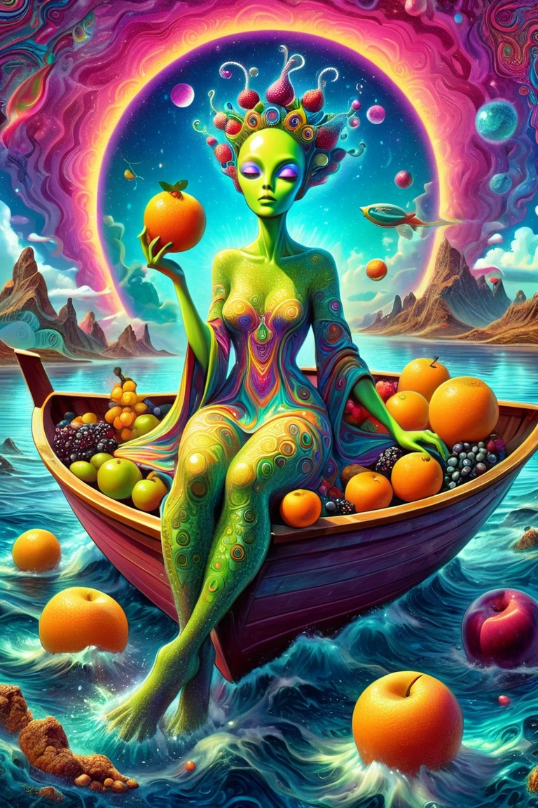  Picture of a Cartoon Alien Sitting on a Boat with Fruit,  Psychedelic Surreal Art , its a deep dream , Trippy Art,  psychetrance artwork ,  Beeple and Jeremiah Kettner ,   Pop Surrealism Robe Art Style ,  by Android Jones Inspired by the painting of a woman with a large head and watch , Chris Dyer, Pop Surrealism Art Style , deep dream , DMT Trip ,  Psychedelic Trippy Visionary Art ,  Surrealism and Fantasy Art