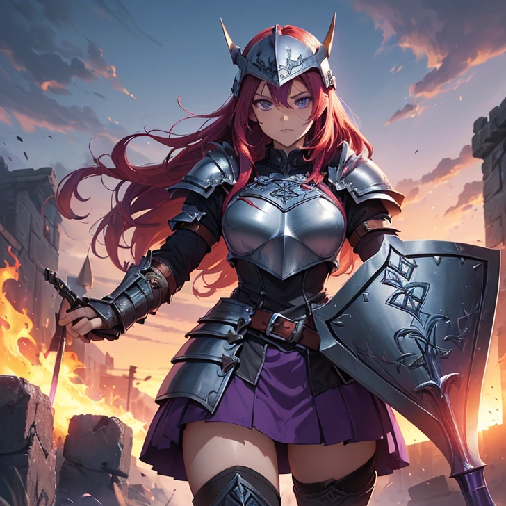 Masterpiece, HD, High Resolution, Best Quality, High Quality, High Details, Super Detailed. High fantasy genre, fantasy artwork. Solo character alone. “Warcraft styled aesthetic”.
{{(A 25-years-old scarlet-red-haired barbarian girl warrior:(appearance: fair skin. Short scarlet-red messy-hair. Purple-eyes. Very beautiful face. Head-covered with heavy-knight-helmet. Serious expression. she stands 1,79-meters-tall. Upright combat pose. She’s ready to fight in very violent combat. She holds a magic sword with left hand. A steel bulky shield with right-arm.),(she wears: full-heavy-knight-armor. purple-knight-steel-heavy-armor: purple-Steel arms-armors. Purple-Steel-gauntlets. Purple-Steel-bulky-shoulders-armors. padded purple-colored gambesom. Shoulder steel-big-bulky-armors. Steel--armors. Squared-purple-short-skirt. Iron velt. Padded-leather-arm-sleeves. Padded legs-armors. Steel-knee-armors and steel-boots with steel-shoes. Purple Steel-heavy-full-knight-helmet-armor. Purple Steel-neck-armor.),(scenery: sunny bright sky. Celtic field in flames and . Celtic stones burning violently. Celtic houses burning violently.))}}