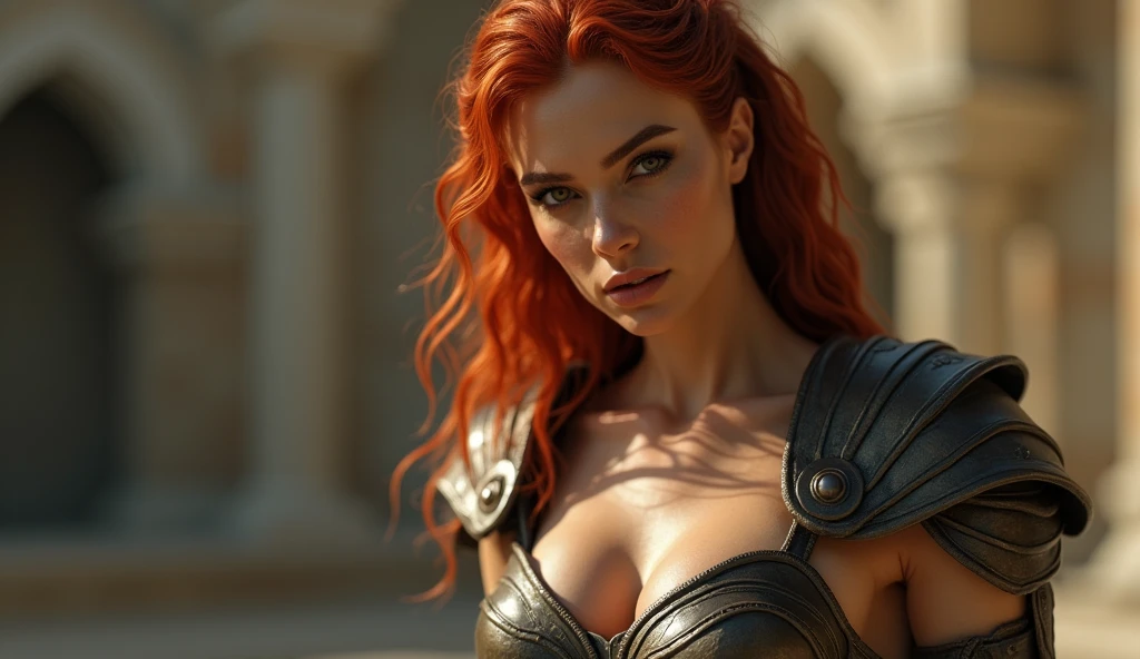 1 Frau, Bokatan, armour, rotes Haar, Kampf-Pose, fotorealistisch, hyperrealistisch, Hyperdetailliert, Analoger Stil, hip cocked, ernst, Niedriger Schnitt, Detaillierter Skin, matte Haut, Sanftes Licht, sub-surface scatter, realistisch, Schwerer Schatten, Meisterwerk, best quality, ultra realistisch, 8K, Goldener Schnitt, kompliziert, Hohe Detailgenauigkeit, Filmfotografie, Weichzeichner, verschwommener Hintergrund, naked, medium boobs