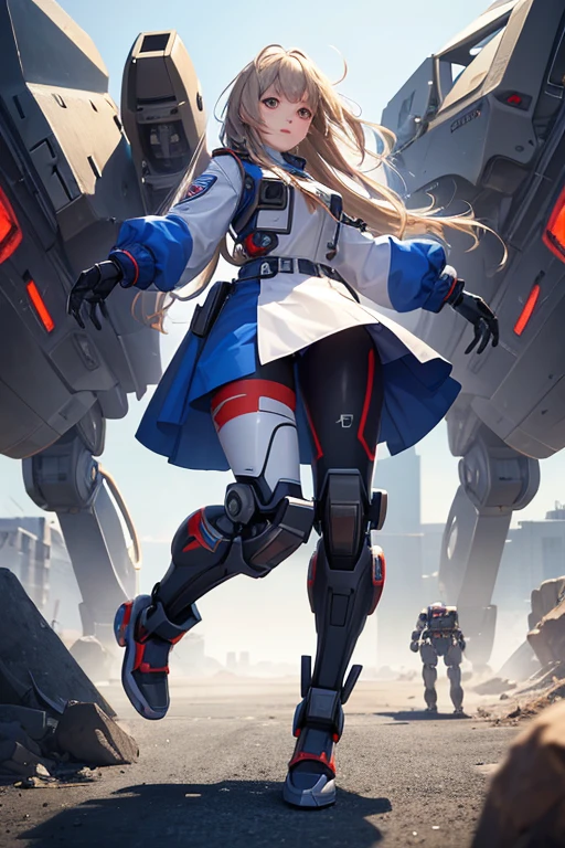 A girl with a school contract piloting a large mechanical robot being piloted by a mecha in a humanoid shape