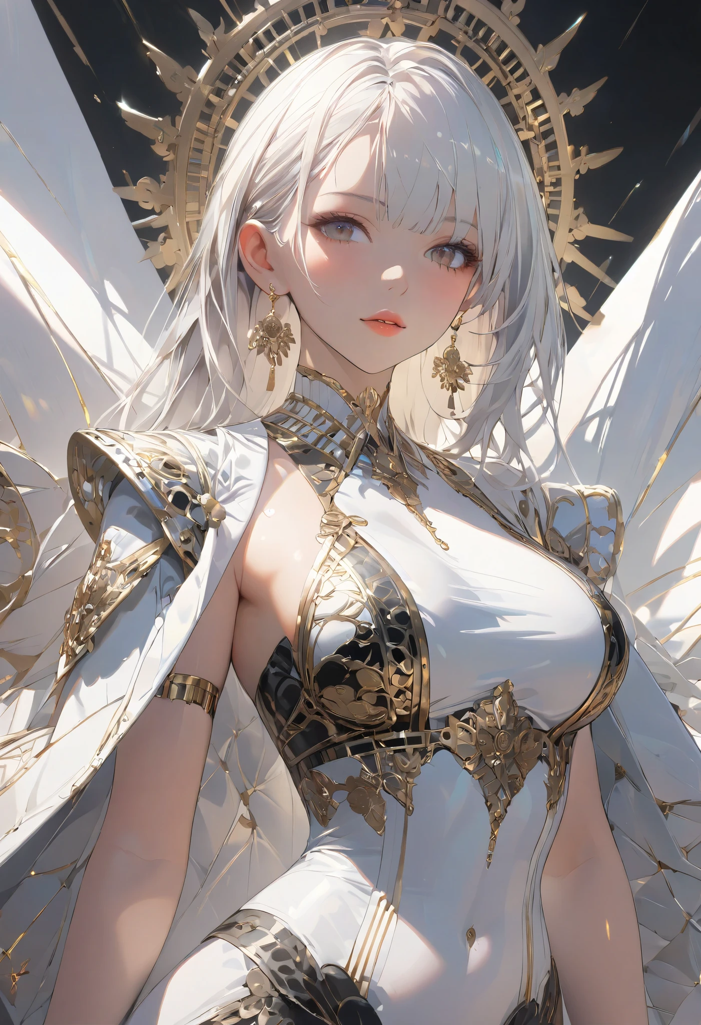 finest image, portrait, beautiful cute woman, amorous expression, lewd expression, white braided bangs iridescent hair, short hair, gold sparkling big eyes, red alluring moist big thick lips, large breasts, slender, perfect proportion, corset dress, skirt lift, black knee high socks, thighs, background fantasy, that emits fantastic light, light particles, light sparkles, petals, scatter gold and silver glitter and confetti, iridescent light particles, detailed and delicate depiction, professional lighting