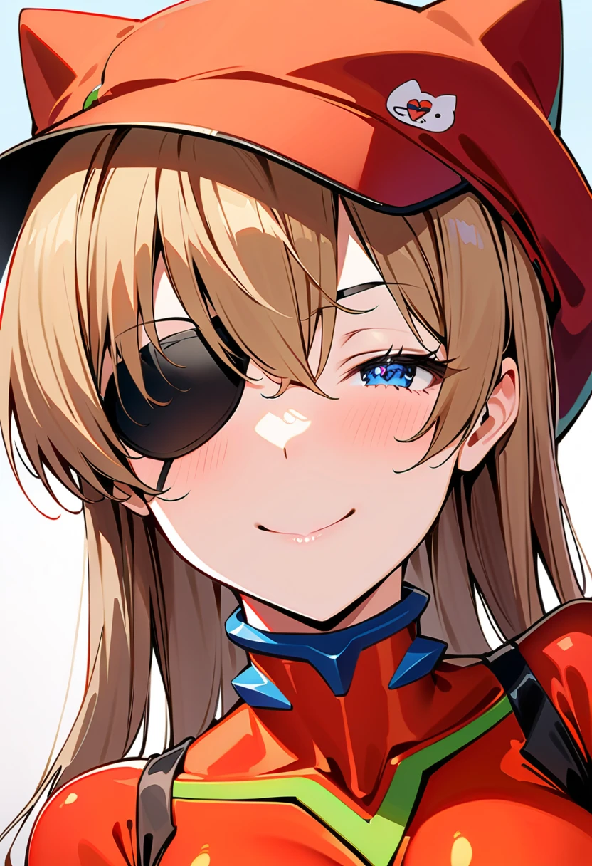 masterpiece, best quality, Very sophisticated, absurd, up to date, 1 girl, over covered _, ( face close-up ), Keep quiet, silence gesture to tat,,one eye closed, smile, Neon Genesis Evangelion:New Movie Edition、 Shikinami Asuka Langley、Red plug suit、Eye patch、(Cat hat、black)、beautiful、