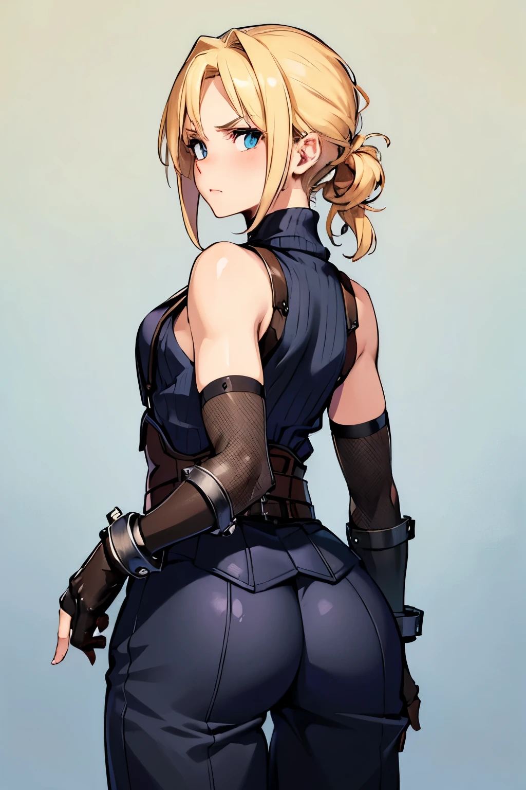 (from behind), (masterpiece, best quality:1.2), expressive eyes, perfect face, highres, 1 girl, solo, (female:1.5), strife, blonde hair, shoulder armor, sleeveless turtleneck, suspenders, belt, gloves, bracer, blushing, surprised face, standing, portrait, looking at viewer, butt