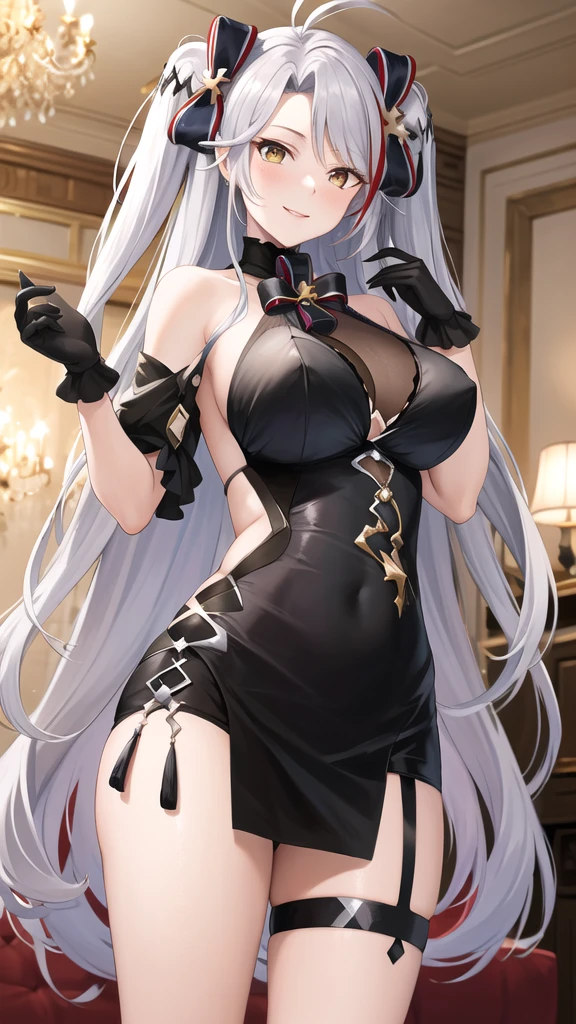 masterpiece, best quality, highres, ddeugen, long hair, two side up, antenna hair, hair bow, bare shoulders, cleavage, black dress, see-through, black gloves, thigh strap, indoors, chandelier, standing, cowboy shot, smile,