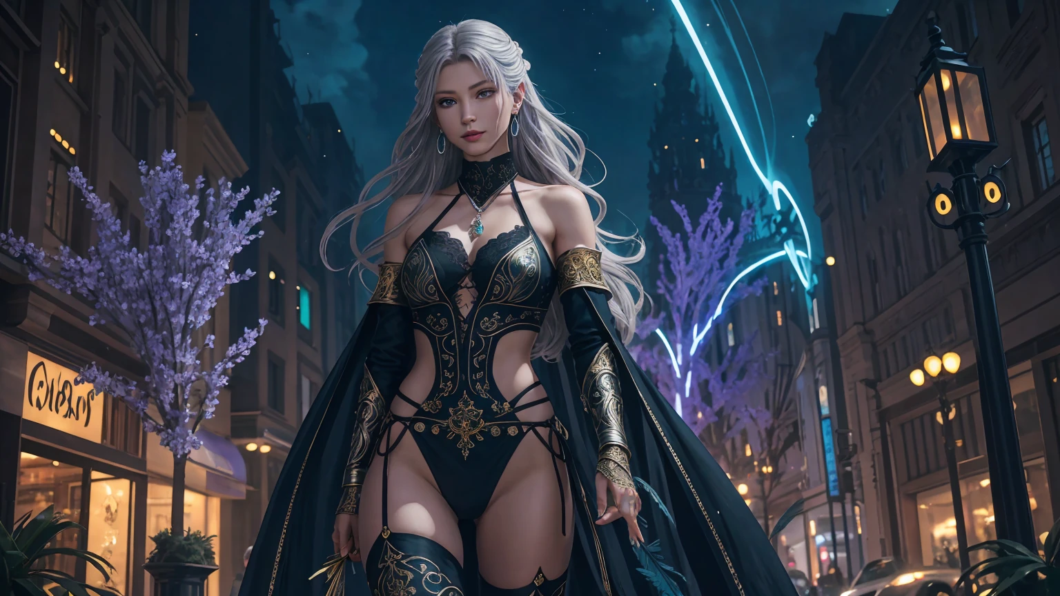 Enchanting 8K Fantasy Scene: A female barbarian, 1girl, solo, used a armor, is depicted from the waist up in a lush, paradisiacal landscape. Facing the viewer in an ultra-detailed, photorealistic 8K portrait, she exudes elegance with porcelain-smooth, pale skin that softly glows. Her long silver hair cascades around her face, drawing attention to her captivating golden eyes and an enchanting, gentle smile. Dressed in delicate white lace with a necklace of small black flowers, she embodies both strength and beauty. She holds an ornate tribal staff adorned with feathers and intricate carvings, symbolizing her harmony with nature. Behind her stretches a paradise-like grove, rich with towering trees, and sparkling streams under a dramatic sky painted in hues of purple, blue, evoking a surreal, magical atmosphere. The scene blends fantasy with an ethereal, Genshin Impact-inspired style, rendered in ultra-high 4K and 8K resolution with extreme detail and fine art quality. 
Model Gisele Bündchen. Single young woman. Solo character in an urban fantasy anime style with a vibrant gothic-pop aesthetic. Extremely beautiful, with long silver hair featuring blue highlights, a delicate and charming face, and a soft natural radiance. Bomber jacket with glowing blue accents, intricate gold patterns, and ancient runes, paired with a bodysuit and metallic silver thigh-high boots. Fingerless gloves, metallic nails, gemstone details. Belt adorned with a mystical potion and an amulet. Glowing rune necklace, crystal pendant, silver earrings, matching silver necklace. Perfectly proportioned figure with a slim waist, graceful curves, and beautifully toned legs.

Bustling street in a massive metropolis blending gothic and pop styles. Bold graffiti art, sharp lines, intense colors, and dark, dramatic shadows. High-rise buildings with illuminated windows. Neon signs glowing in vivid hues. Crowded sidewalks and futuristic vehicles navigating the streets. Bright streetlights casting reflections 