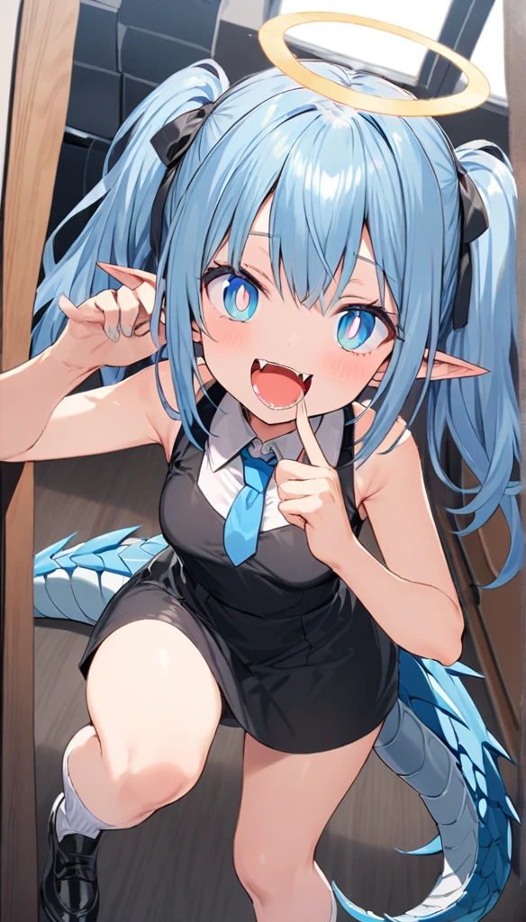 Momok, Halo, Short twin tails, trumpet,  bright pupils, Ahog, Pointed ears, (Dragon Tail:1.1), Collared Shirt Dress ,  Sleeveless Dress , tie, Small Breasts, (Point to viewer:1.035), laughing out loud, Cover your mouth , Hand to mouth , Fangs, ( Confidence :1.2), :d, Open your mouth, , indoor, office,  in socks, Holding food , (A bag of potato chips:0.7), 