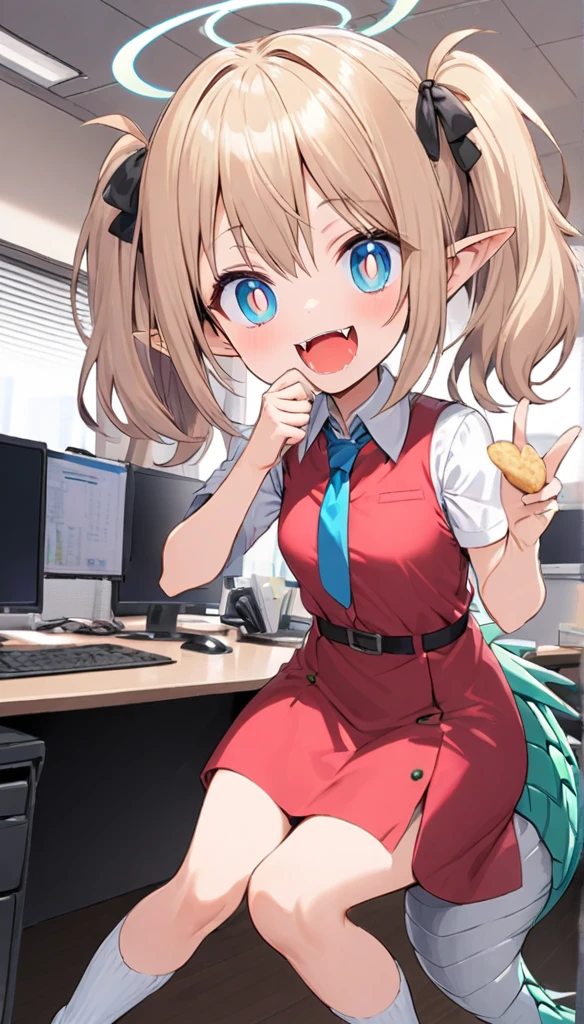 Momok, Halo, Short twin tails, trumpet,  bright pupils, Ahog, Pointed ears, (Dragon Tail:1.1), Collared Shirt Dress ,  Sleeveless Dress , tie, Small Breasts, (Point to viewer:1.035), laughing out loud, Cover your mouth , Hand to mouth , Fangs, ( Confidence :1.2), :d, Open your mouth, , indoor, office,  in socks, Holding food , (A bag of potato chips:0.7), 