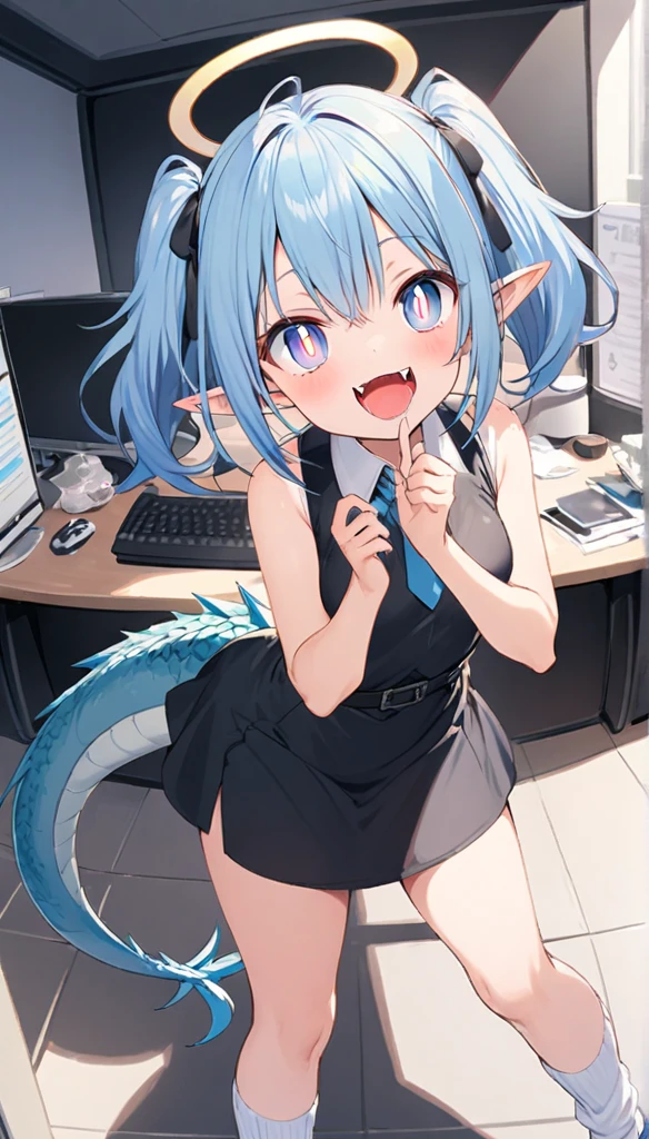 Momok, Halo, Short twin tails, trumpet,  bright pupils, Ahog, Pointed ears, (Dragon Tail:1.1), Collared Shirt Dress ,  Sleeveless Dress , tie, Small Breasts, (Point to viewer:1.035), laughing out loud, Cover your mouth , Hand to mouth , Fangs, ( Confidence :1.2), :d, Open your mouth, , indoor, office,  in socks, Holding food , (A bag of potato chips:0.7), 