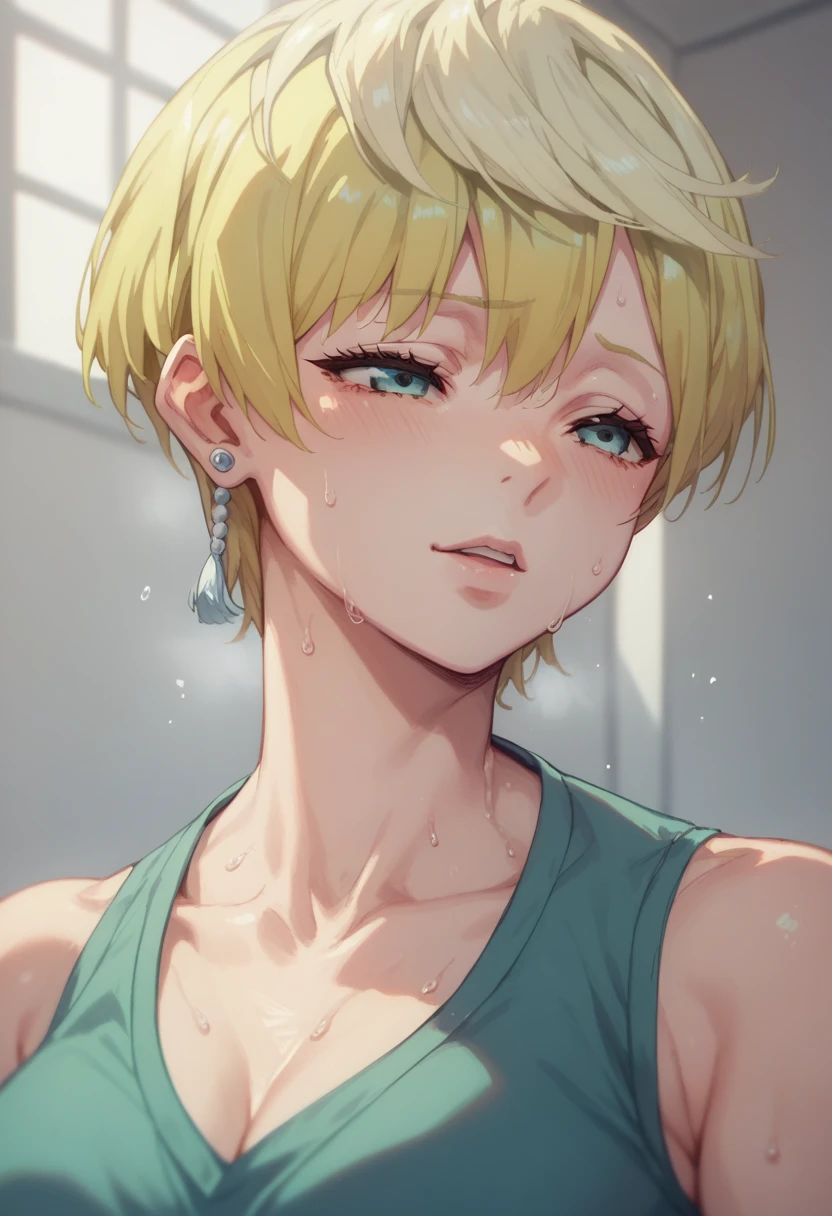 masterpiece, best quality,1girl, Tenka Izumo, white skin color , blonde hair , short hair , upper body,Sweat,sex