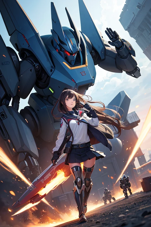 A girl with a school contract piloting a large mechanical robot being piloted by a mecha in a humanoid shape