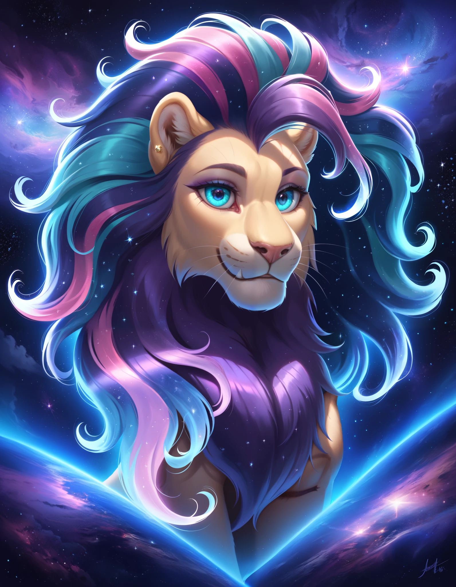 beautiful male lion, majestic posture, purple fur, cosmic patterns, starry mane, glowing highlights, celestial theme, vibrant galaxy, ethereal glow, cosmic dust, majestic atmosphere, sharp claws, detailed fur, shining eyes, piercing gaze, cosmic swirls, glowing mane, soft lighting, vivid colors, intricate detail, galaxy-inspired patterns, surreal background, dreamlike environment, starlit sky, cosmic scenery, flowing mane, galactic aura, soft gradients, majestic appearance, regal expression, nebula-inspired accents, shimmering textures, luminous elements, otherworldly beauty, cosmic fantasy, vibrant hues, soft focus, twilight ambience, soft shadows, bold contrasts, artistic rendering, photorealistic textures.