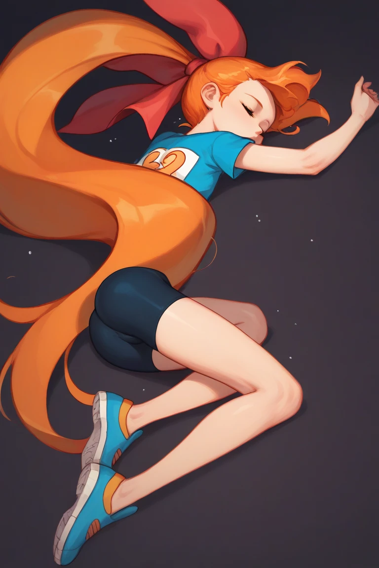 score_9, score_8_up, score_7_up, 1girl, source_anime, (teenage girl) orange hair, ponytail, red bow, very long hair, flat chest, Powerpuff Girls style, navy blue bike shorts,  Yellow mini t-shirt ((Diving underwater)), unconscious state, asleep, Arms down, body back turned, Raised butt, Firm legs, dark background, floating unconscious, full body back turned, 