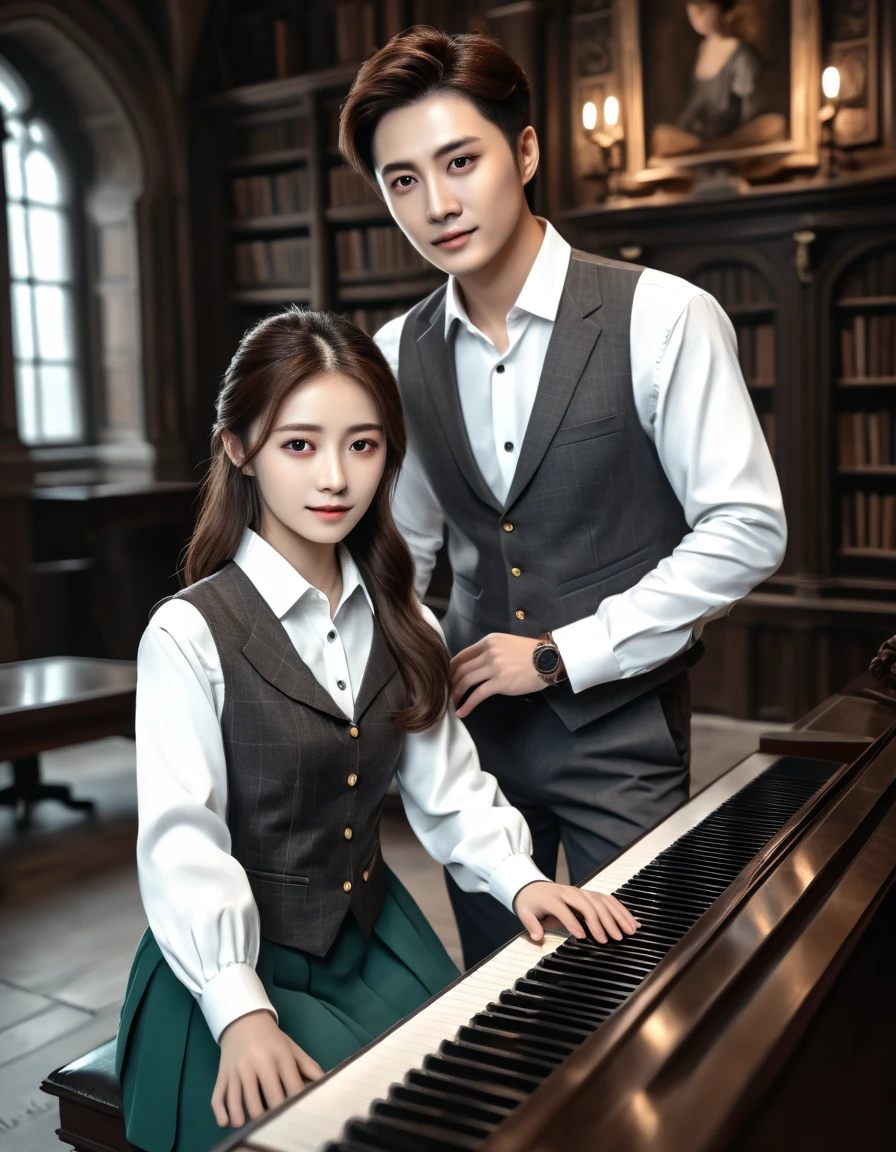 Korean man ((with brown eyes)), Beautiful, brown short hair in a white shirt,  dark gray classic vest , dark gray trousers stands behind the girl and teaches her to play the photopiano tilting his head on the girl's shoulder,.  playing piano in four hands girl sitting meanwhile at the piano with brown long hair and blue eyes,  in a short emerald-colored board against an arafed background. A room with a piano and a window in it , gothic epic library concept, gothic epic library, gothic library, alchemist library , unreal engine render concept art, castle library, dusty library,  unreal fantasy art engine, ancient library, library of ruina concept art, photorealistic dark concept art,  dramatic lighting . concept art, inside a castle library, Старая библиотека photo realistic illustration, hyper realistic illustration, realistic illustration, photorealistic detail , hypper realistic illustration, extreme realistic detail, photorealistic detail ed picture, с unreal engine render concept art, ), Ultra-detailed and beautiful face,( Gentle facial expression :1.1),translucent white skin,(Реалистичный skin texture:1.1), , Bold design , Art design ,Beautiful and detailed pattern, Detailed fabric texture, ((1 man, 1 girl))