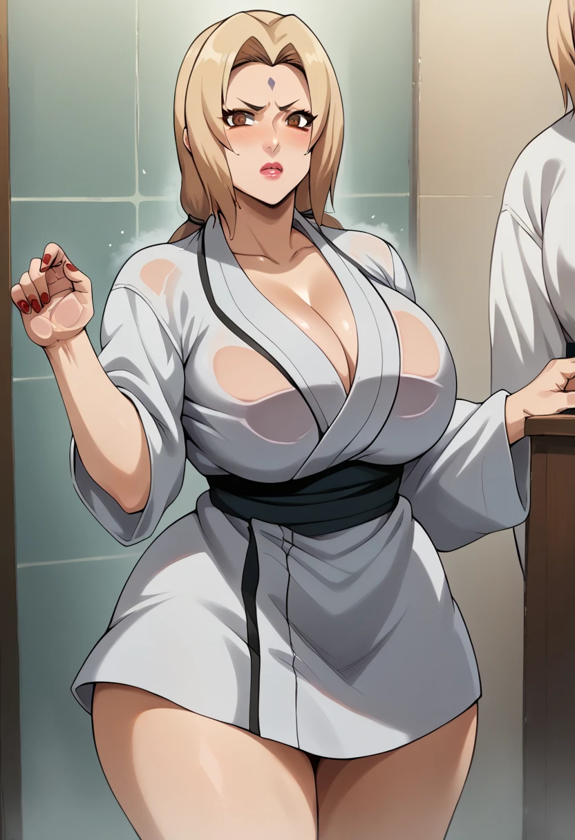 score_9, score_8_up, score_7_up, BREAK, score_9, Lady Tsunade, Tsunade Senju, granny Tsunade, ChopioTsunade, blonde hair, long hair, big lips, plump lips, standing close to viewer, standing front of viewer, standing close almost pressing her breasts against viewer, shower backround, low twintails, hair tie, brown eyes, forehead mark, pink lipstick, mature female, milf, K-cup sized breasts, large breasts, huge butt, red nails, white bathrobe, wearing white bathrobe, collarbone, solo, 1girl, looking at viewer, curvy body, thick body, curvy, small waist, b cowboy big breasts, shot, ass, Big breasts covered by her bathrobe, bathrobe slipping slightly down, embarrassed, blushing, annoyed look, showing bare buttcrack slichtly, big ass, huge breasts, big breasts, thick thighs, wide hips, bent over, ass close to viewer, trying to flatten viewer with her breasts, Big breasts on glass,  from front, 