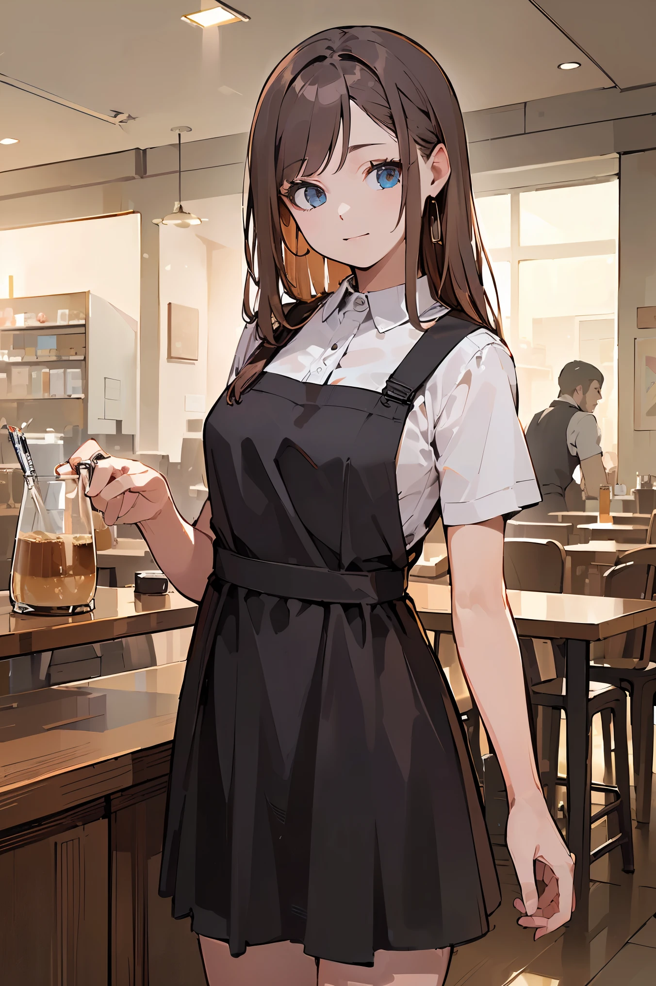 (((Best quality, 8k, Masterpiece: 1.3)), ((best quality)), ((masterpiece)), (detailed), perfect face, perfect body, (detailed skin:1.3), (intricate details), swept bangs, low-braided long hair, pinafore dress, cowboy shot, cafe, Cafe clerk, waitress