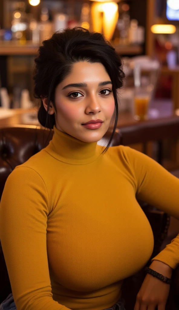 long shot photo of extremely sexy (sree Leela woman:1.09) as a sexy student, closeup portrait upsweep updo, (Dark Yellow tight long sleeve turtleneck top), at a cantina sitting bar (masterpiece:1.5) (photorealistic:1.1) (bokeh) (best quality) (detailed skin texture pores hairs:1.1) (intricate) (8k) (HDR) (wallpaper) (cinematic lighting) (sharp focus), (eyeliner)