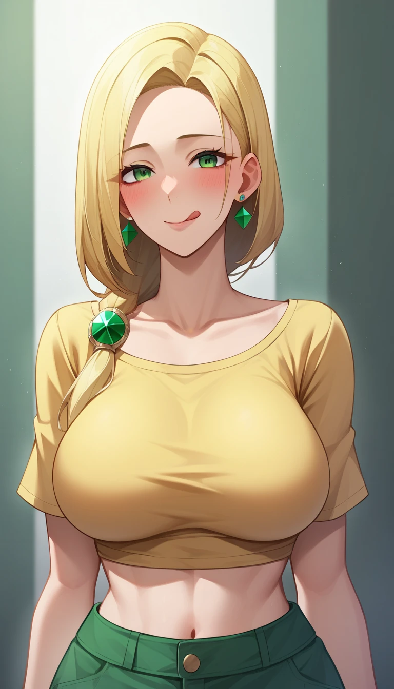 1girl, solo, masterpiece, best quality, (anime art style:1.0), 2d, dynamic shadows, masterpiece, best quality, (anime art style:1.0), 2d, dynamic shadows, atmosferic, blushing, long blonde hair, round big breasts, green, emerald eyes blushing, sticking out tongue, low cut yellow crop top, cute, stud earrings, no bangs, no fringe, 