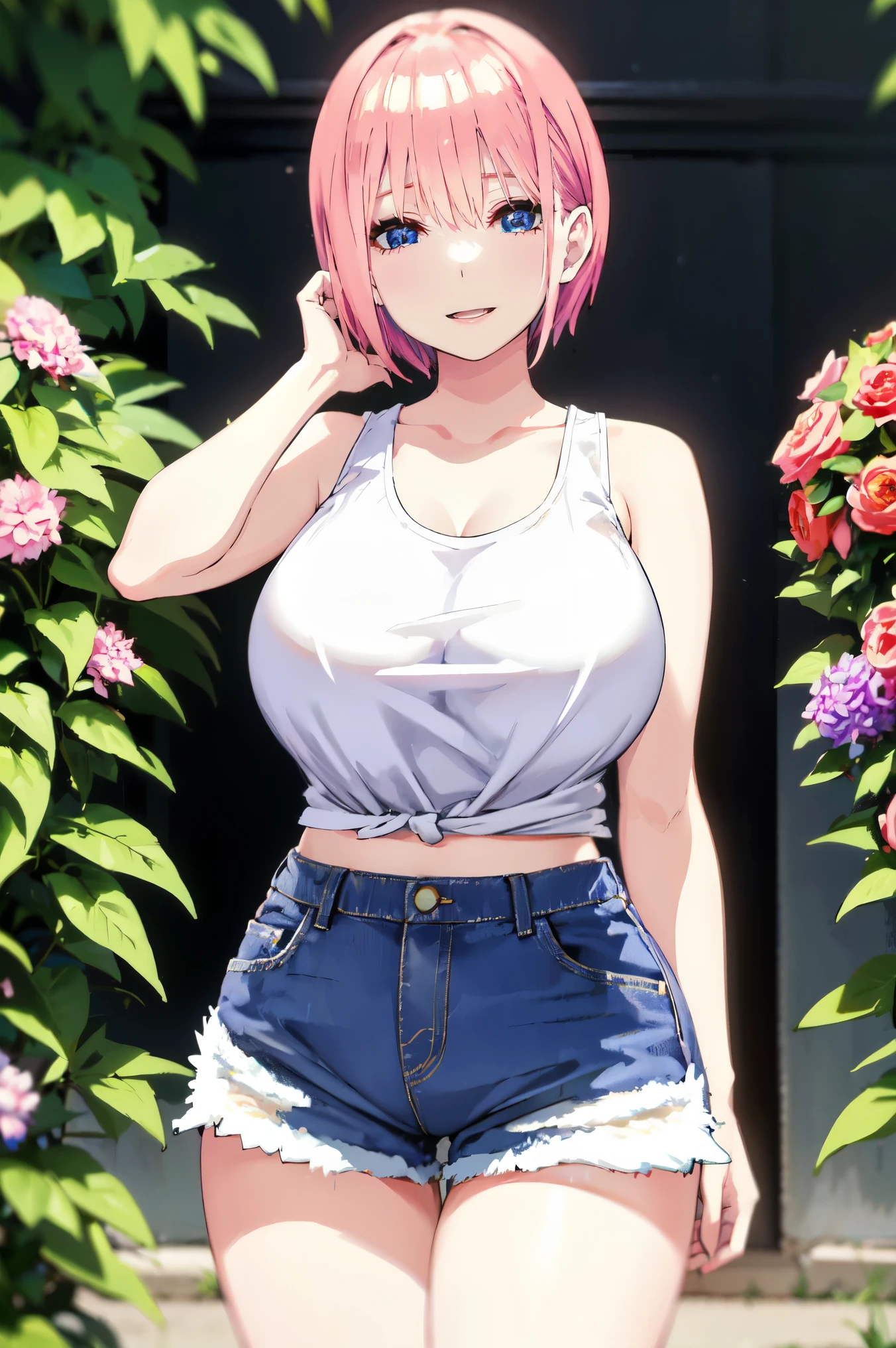 pink hair, bob hair, (((white tank top, short pants  jeans))) , thick, ((busty)), blue eyes, upperbody, smile, legs, thigh, flower garden