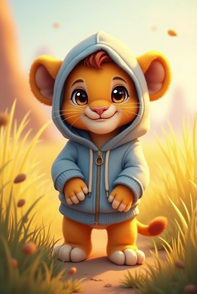 “Baby Lion in a Little Hoodie”
Visualize a baby lion standing proudly on its hind legs, wearing a small hoodie in soft gray or light blue. The hoodie’s hood is up, showing just the edges of its tiny mane. The lion cub’s face is full of playful energy, with wide eyes and a tiny grin. A grassy savanna backdrop with warm sunlight adds to the cheerful mood.
