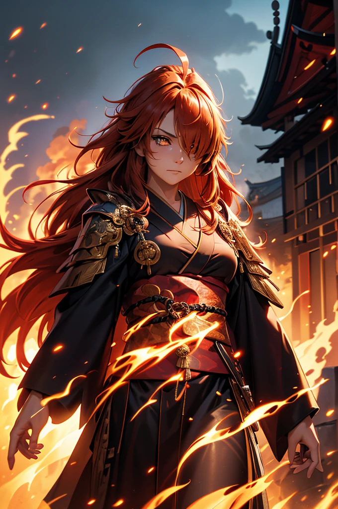 1 girl in armor, intence sirious, closed mouth, (snake pupils:0.7), (golden eyes:1.1), (red hair:1.5), sidelocks, ahoge, hair over one eye, long hair, (brown-skin:1.2), tight waist, (black kimono:1.3), Wearing light armor, wearing katana on waist, japanese old castle in the background, cinematic lighting, cowboy shot, close-up, UHD, retina, masterpiece, accurate, anatomically correct, textured skin, super detail, high details, high quality, award winning, best quality, highres