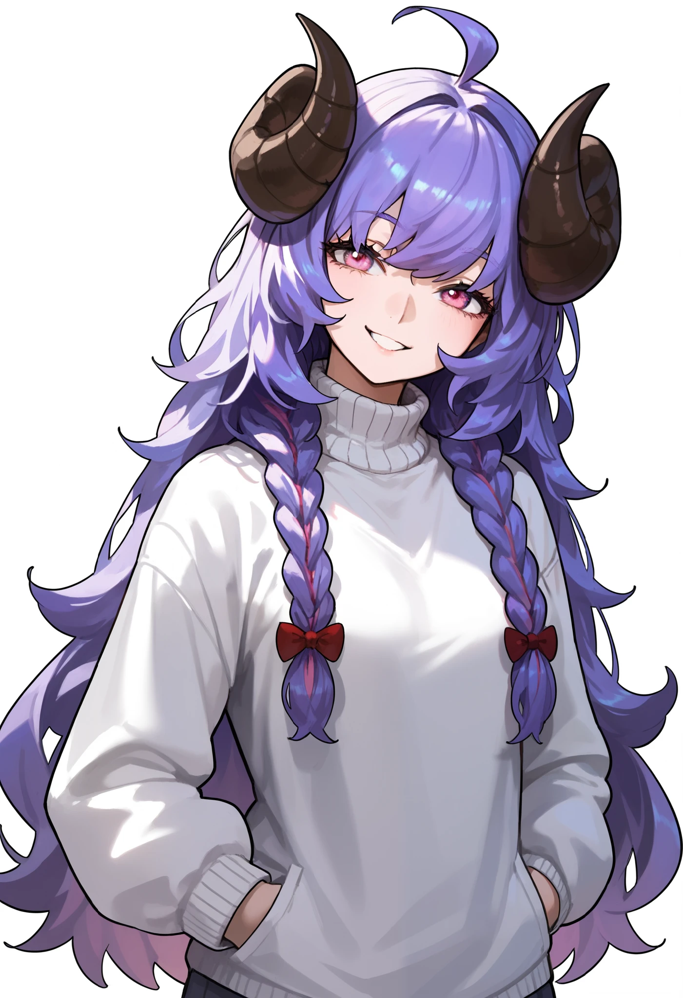 Masterpiece, anime, 1girl, Sbkin, sheep girl, long hair, purple hair, braids, curved horns, pink eyes, ahoge, white sweater, hands on pockets, upper body, leaning forward, smile, head tilt, white background, simple background, score_9, score_8_up, score_7_up, unaestheticXL_bp5