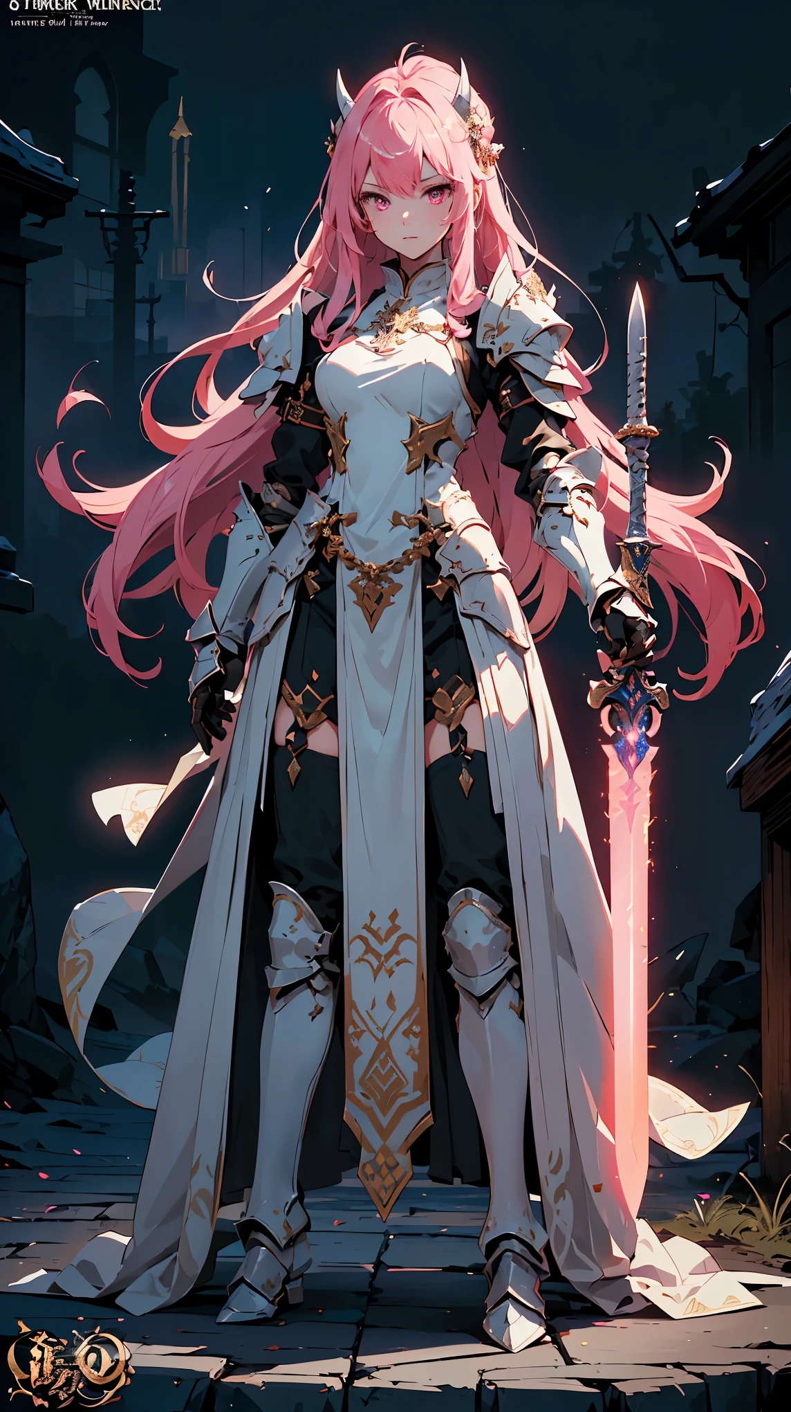 (((masterpiece, best quality, Advanced Details, 8k))) Game Character Layout Showcase, ( 1 girl). white+Gold Armor, Stylish and Unique . (( Show off your weapons :1.4)), Holy Scepter . (masterpiece:1.2), ( best quality), 4K, Super detailed. ( Step by Step Design , Layout Art:1.5), (Shining Light , Atmospheric lighting). Priestess, ((glove full hands)), ((( Exposed Armor :1.3))), Arm guard, Legwear with Armor , (((full_body_shot:1.4))). { In the Holy Temple }. picnic、 Her Hair Color Is Pink .、 Japanese horns on the head 、tensura、Shuna、Pink eyes、 magic wand、Japanese style、Priestess Style Armor 、whiteいマント