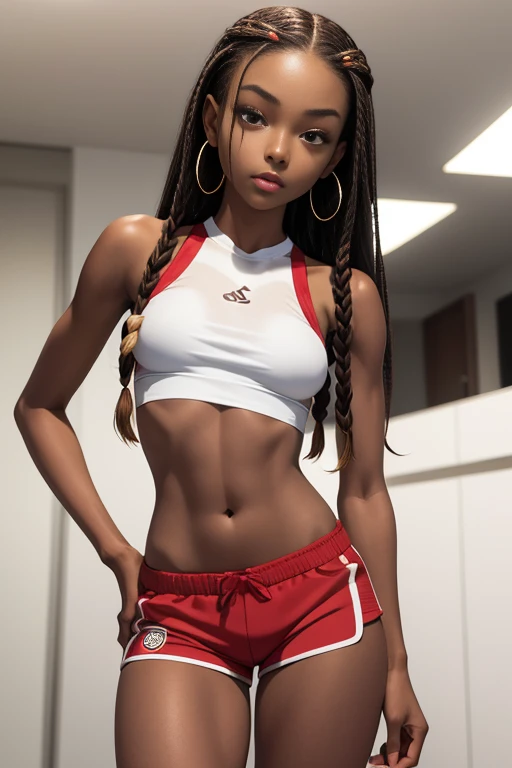 (masterpiece,  best quality ),  dark ebony 1girl , beautiful face,  brown eyes, Lean body, light skin, soft affine , beautiful,  perfect body ,  Small breasts, Young,  18 years old,  short red shorts ,  red short top shirt,  hoop earrings , cute face, cute pose, micro braids , Blonde hair,  dark brown skin , Lean body, 